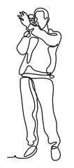 Casual man taking a picture with his phone. isolated on white background. Continuous line drawing. Vector monochrome, drawing by lines.