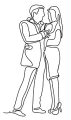 Couple hugging. Love concept. Continuous line drawing. Isolated on the white background. Vector monochrome, drawing by lines.