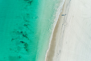 Fototapeta na wymiar aerial views of summer beach scene with coastline turquoise waters and white sandy beach