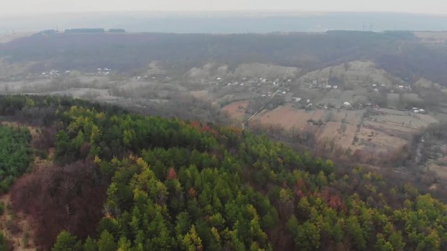 Aerial View from drone of forest with green trees. Shot over the north european wood. Small settlement village in the ravine. Cinematic tonned.