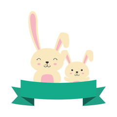 cute rabbits family with ribbon easter vector illustration design