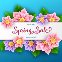 Floral spring sale banner with beautiful flowers for online shopping. Vector Illustration