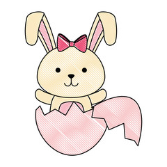 cute rabbit with broken shell egg easter celebration vector illustration design