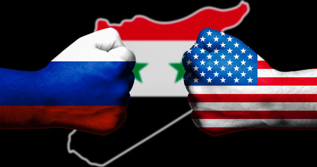 Flags of the United States and Russia painted on two clenched fists facing each other with outline...