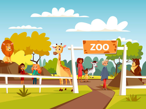 Zoo vector illustration or petting zoo cartoon design. Open zoo wild animas  and visitors family with children interacting with African lion and  giraffe, wild bear or zebra in natural area background Stock