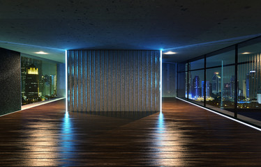 Perspective view of empty wood floor and cement ceiling interior with city skyline view . 3D rendering and real images mixed media . - obrazy, fototapety, plakaty