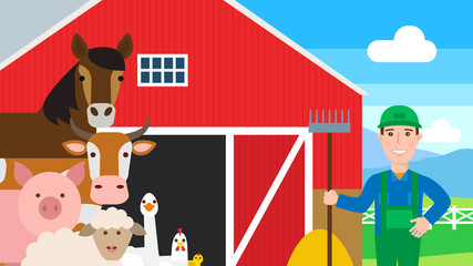 farm animals farmer red barn