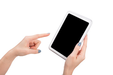 Woman hand using mock up digital tablet isolated clipping patch