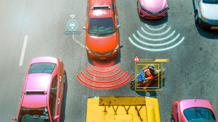 Autonomous Self-driving mode vehicle on road. Sensor Features detect warning around the car and...