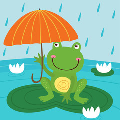 Obraz premium frog hide from rain under umbrella- vector illustration, eps 