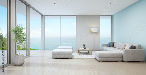 Sea View Living Room Of Luxury Beach House With Indoor Plant