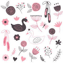 set of isolated beautiful flowers and swans - vector illustration, eps   © nataka