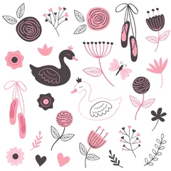 Fototapeten set of isolated beautiful flowers and swans - vector illustration, eps   © nataka