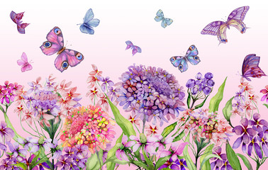 Colorful summer wide banner. Beautiful vivid iberis flowers with green leaves on pink background. Horizontal template. Seamless panoramic floral pattern. Watercolor painting. - 200338980