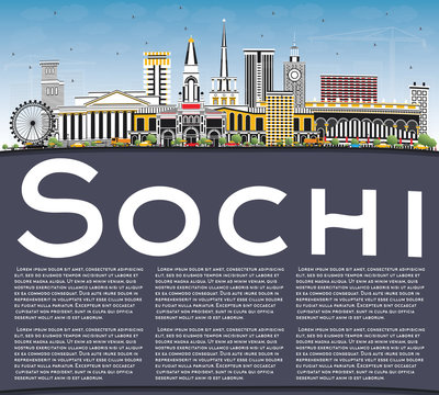 Sochi Russia City Skyline with Color Buildings, Blue Sky and Copy Space.
