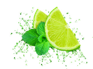 lime juice splash and mint isolated on white