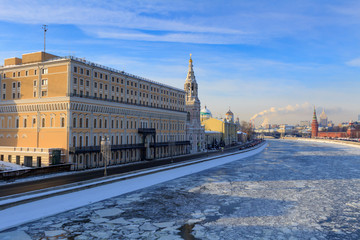 View of Sofiyskaya embankment in sunny winter day. Moscow in winter