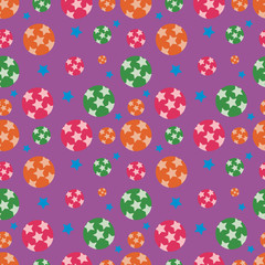 Seamless festive colored pattern, circles and stars in scatter on purple background,