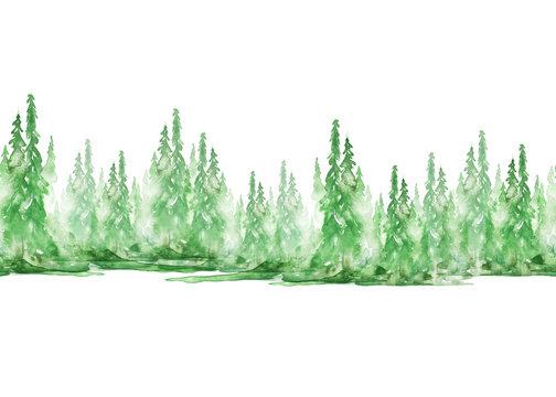 Seamless watercolor linear pattern, border. green spruce, pine, cedar, larch, abstract forest, silhouette of trees. On white isolated background.