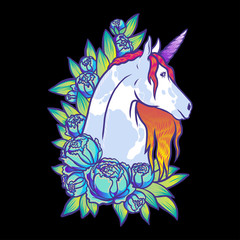 Magical cute unicorn illustration, cartoon fantasy animal. card and shirt art for girl isolated on black. Dream symbol. Design for children