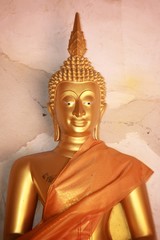 Buddha image god within gold colored in the ayutthaya historical park Thailand
