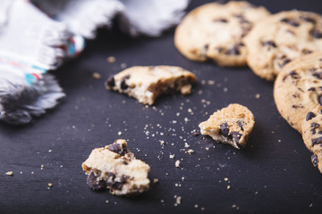 ?hocolate chip cookies. Cookies on a dark  background.