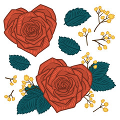 Set of Hand Drawn rose heart shape flowers and herbs vintage floral elements on white background