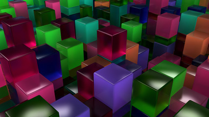 Wall of blue, green, pink and purple glass cubes