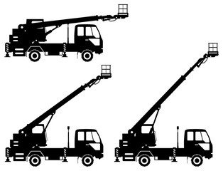 Silhouette of aerial platform truck with different boom position. Heavy construction machine. Building machinery. Special equipment. Vector illustration.