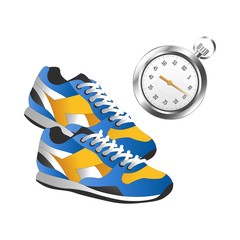 Modern pair of sneakers for sport and silver timer