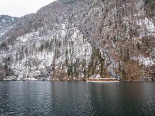 landscape blue green lake moutain Passenger boat on the Koenigssee near Berchtesgaden, Bavaria, Germany