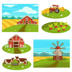 Farm household or farmer agriculture vector flat farming field and cattle pasture