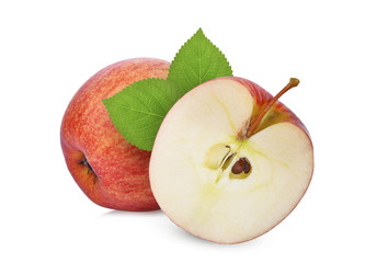 whole and half red gala apple with green leaves isolated on white background