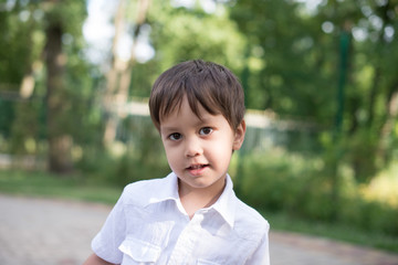 Close up emotional portrait of the smiling of the little blonde boy   wearing  white shirt in a park.