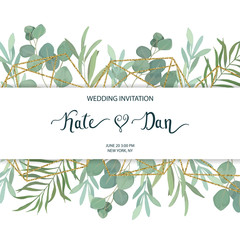 Floral greenery card template with eucalyptus branch. For wedding invitation, save the date, birthday, Easter. Vector illustration. Watercolor style