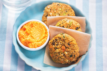 Vegan vegetable cookies. Carrot & pumpkin  seed veggie bites with carrot & cannelloni bean houmous