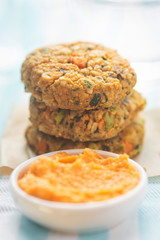 Vegan vegetable cookies. Carrot & pumpkin  seed veggie bites with carrot & cannelloni bean houmous