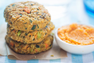 Vegan vegetable cookies. Carrot & pumpkin  seed veggie bites with carrot & cannelloni bean houmous