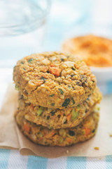 Vegan vegetable cookies. Carrot & pumpkin  seed veggie bites with carrot & cannelloni bean houmous