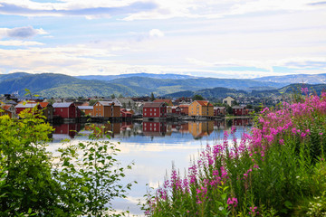 Fototapeta na wymiar The Mosjøen city by the river in Northern Norway