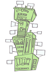 Hand drawn style blue vintage building with empty billboards, isolated vector cartoon on white background