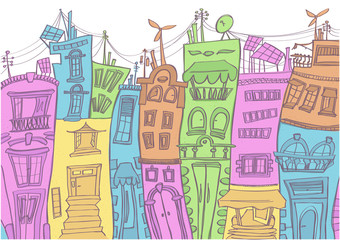Colorful vector cartoon of city street with vintage buildings, solar cells and wind turbines on top. 