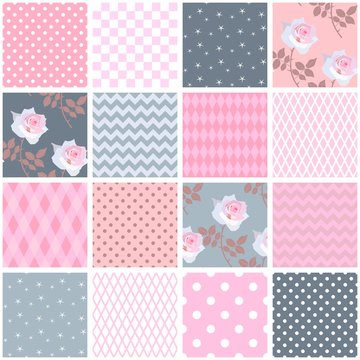 Beautiful seamless patchwork pattern with pink roses and geometric ornamental patches. Square elements in shabby chic style. Vector illustration. Quilting design.