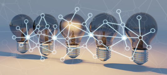 Fototapeta na wymiar Bright lightbulbs and connections lined up 3D rendering