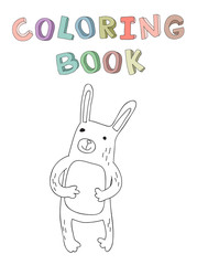 Cute cartoon rabbit character, contour vector illustration for coloring book in simple style. Isolated on white background.