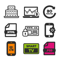 Birthday cake icon. Smart TV symbol. Website Security and Smartphone LTE icons. Laptop statistic sign. 30 Seconds circle icon. Eps10 Vector.