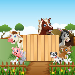 Farm animals with the blank sign wood