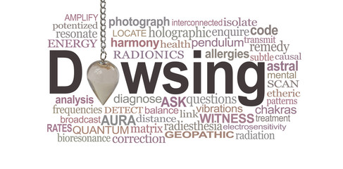 Dowsing Pendant Word Cloud - a smokey quartz crystal pendulum making the O of DOWSING surrounded by...