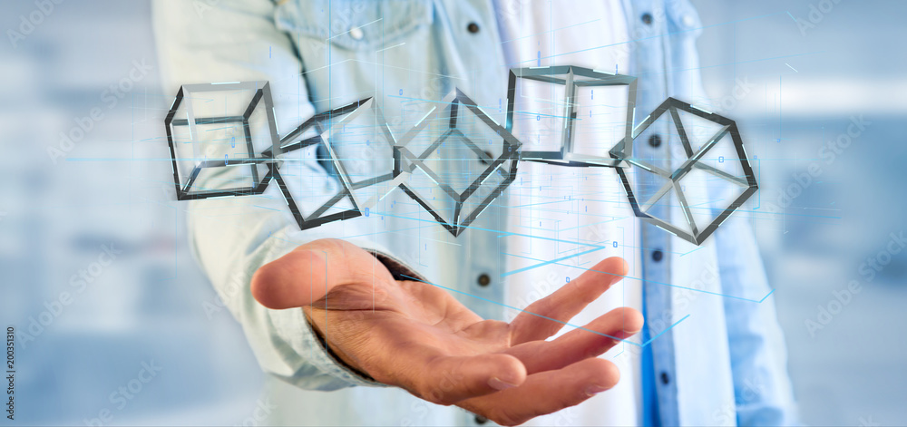 Poster man holding a 3d rendering blockchain cube isolated on a background