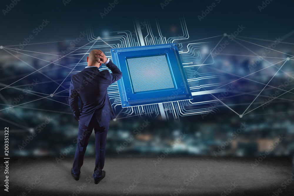 Poster businessman in front of a wall with a processor chip and network connection - 3d render